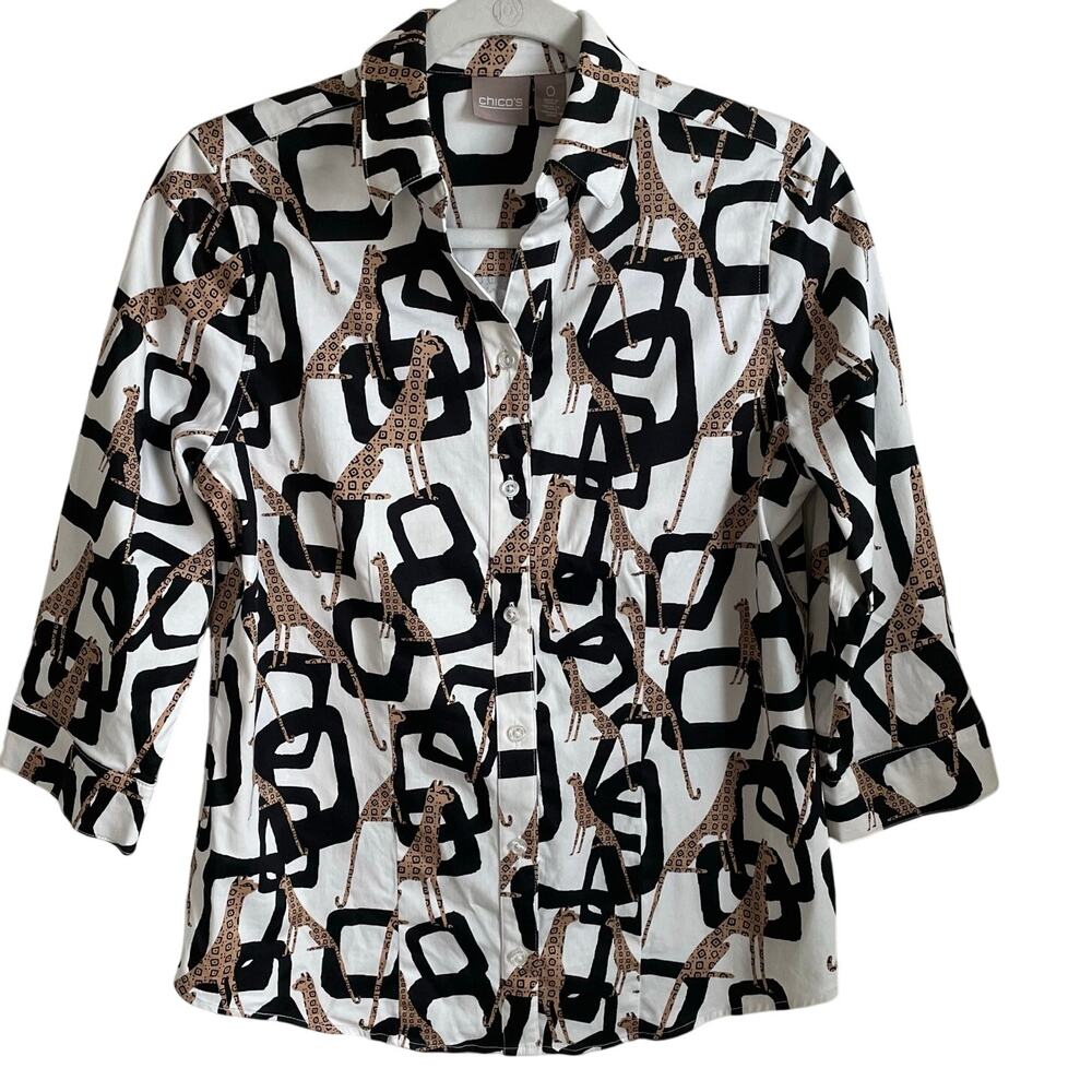 Chico’s Button Up Top Cheetah Geometric Print Sz S Shirt Blouse Whimsical Artsy
